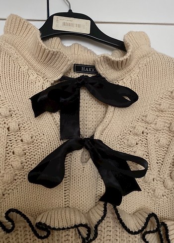 Nakışlı, uzun kollu, bej triko kazak - Görsel 3