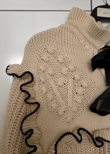 Nakışlı, uzun kollu, bej triko kazak - Görsel 2