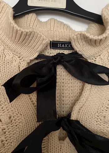 Nakışlı, uzun kollu, bej triko kazak - Görsel 4