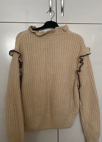 Nakışlı, uzun kollu, bej triko kazak - Görsel 7