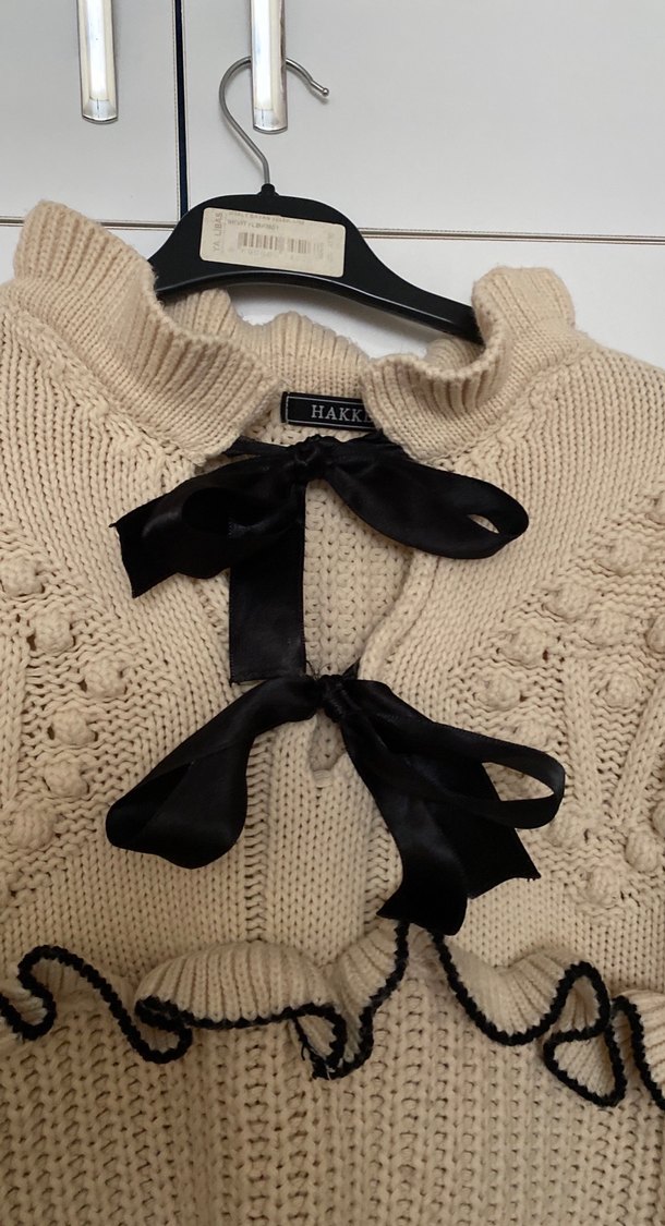 Nakışlı, uzun kollu, bej triko kazak - Görsel 3