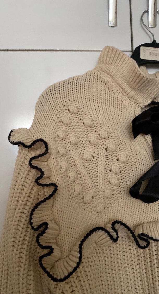 Nakışlı, uzun kollu, bej triko kazak - Görsel 2