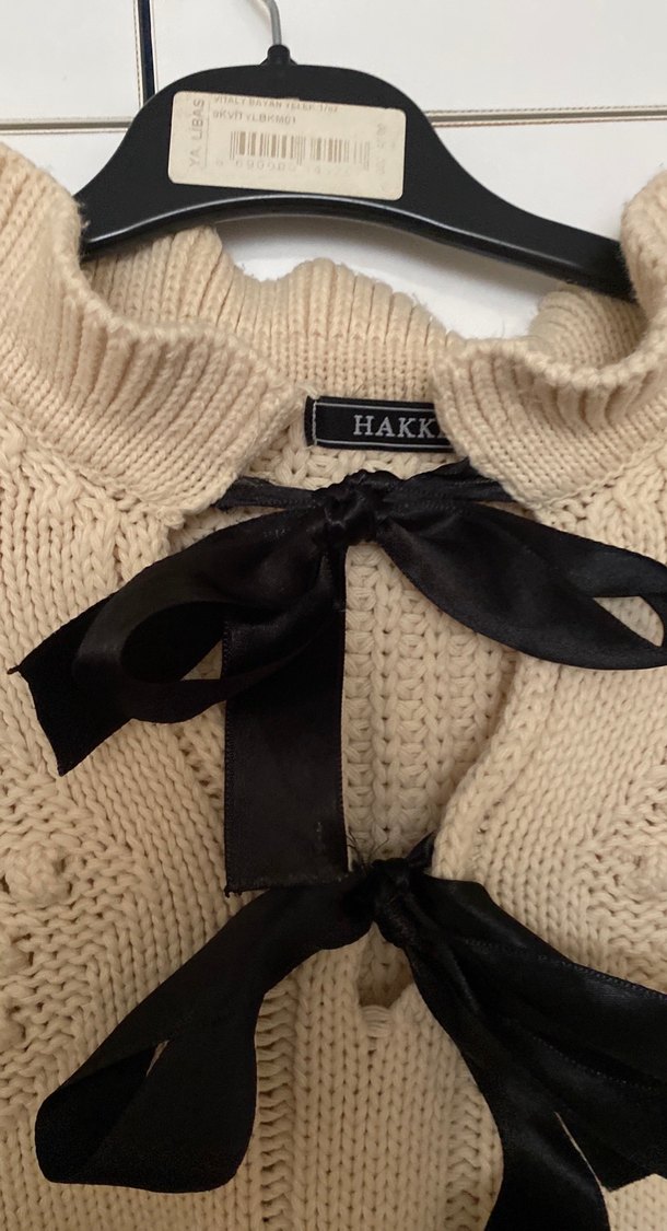 Nakışlı, uzun kollu, bej triko kazak - Görsel 4