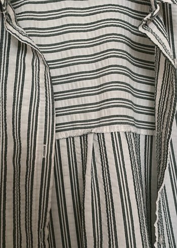 Gri Çizgili Uzun Kollu Keten Kadın Gömlek - Görsel 6