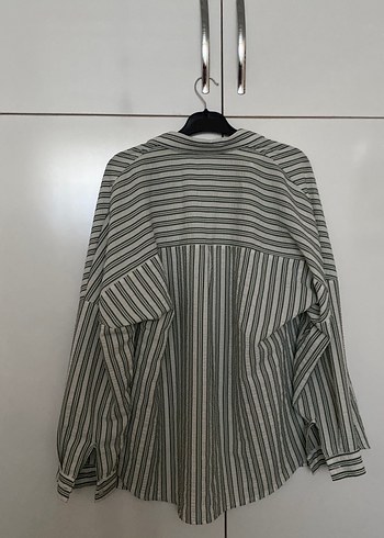 Gri Çizgili Uzun Kollu Keten Kadın Gömlek - Görsel 7