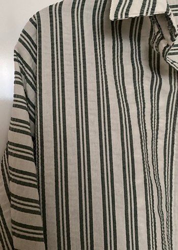 Gri Çizgili Uzun Kollu Keten Kadın Gömlek - Görsel 3