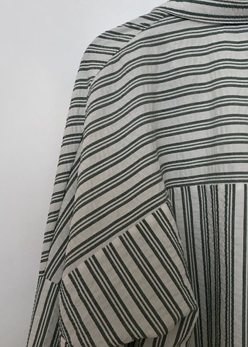 Gri Çizgili Uzun Kollu Keten Kadın Gömlek - Görsel 9