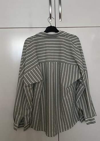 Gri Çizgili Uzun Kollu Keten Kadın Gömlek - Görsel 8