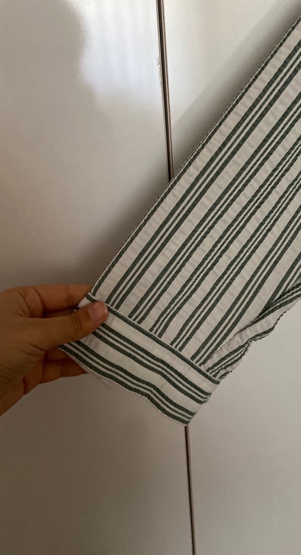 Gri Çizgili Uzun Kollu Keten Kadın Gömlek - Görsel 5