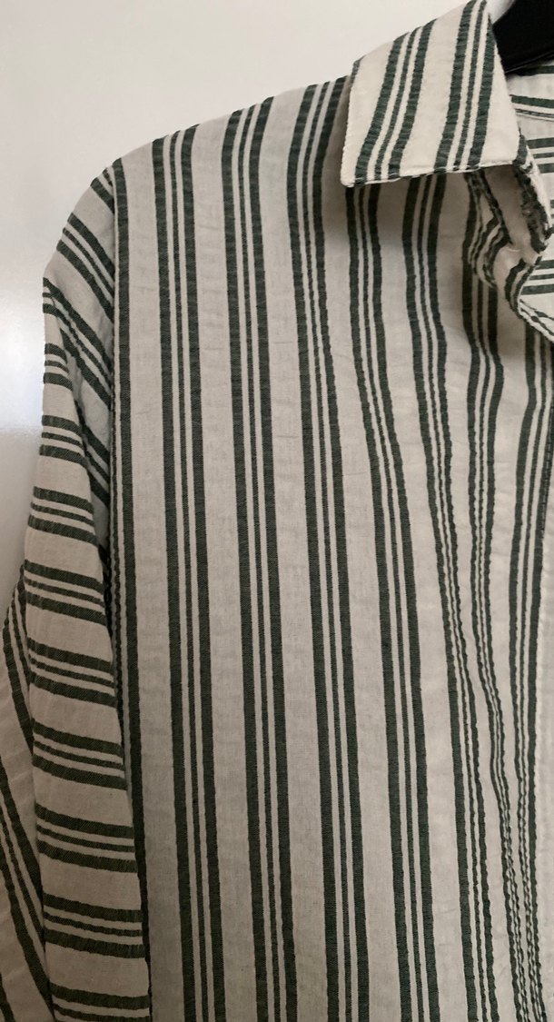 Gri Çizgili Uzun Kollu Keten Kadın Gömlek - Görsel 3