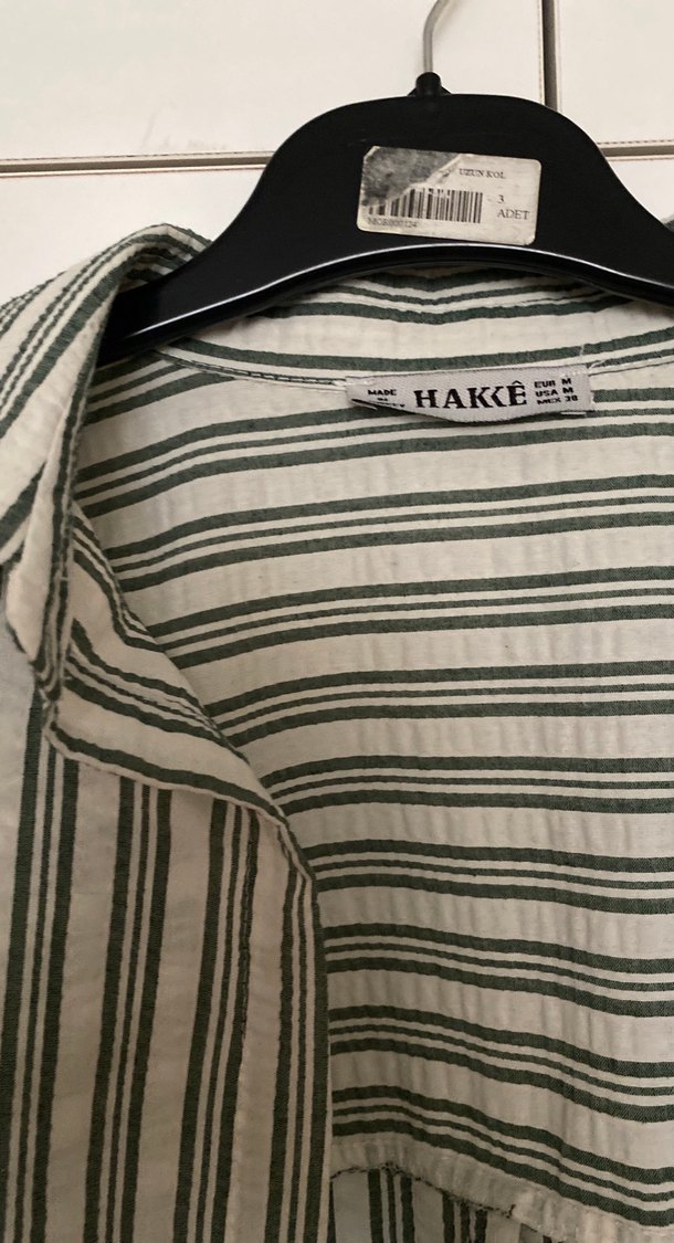 Gri Çizgili Uzun Kollu Keten Kadın Gömlek - Görsel 2