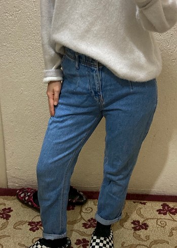 Kadın Açık Mavi Mom Jean Likralı Yüksek Bel - Görsel 3