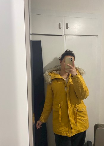 Kadın Sarı Kürklü Midi Kışlık Mont - Görsel 7