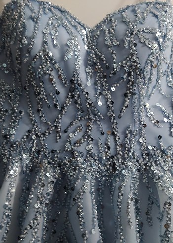 mavi Simli Nakışlı Uzun dekolteli Abiye Elbise - Görsel 2