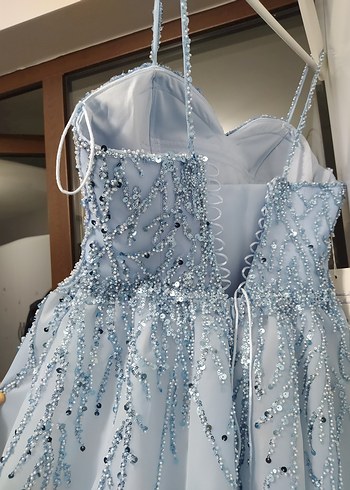 mavi Simli Nakışlı Uzun dekolteli Abiye Elbise - Görsel 3