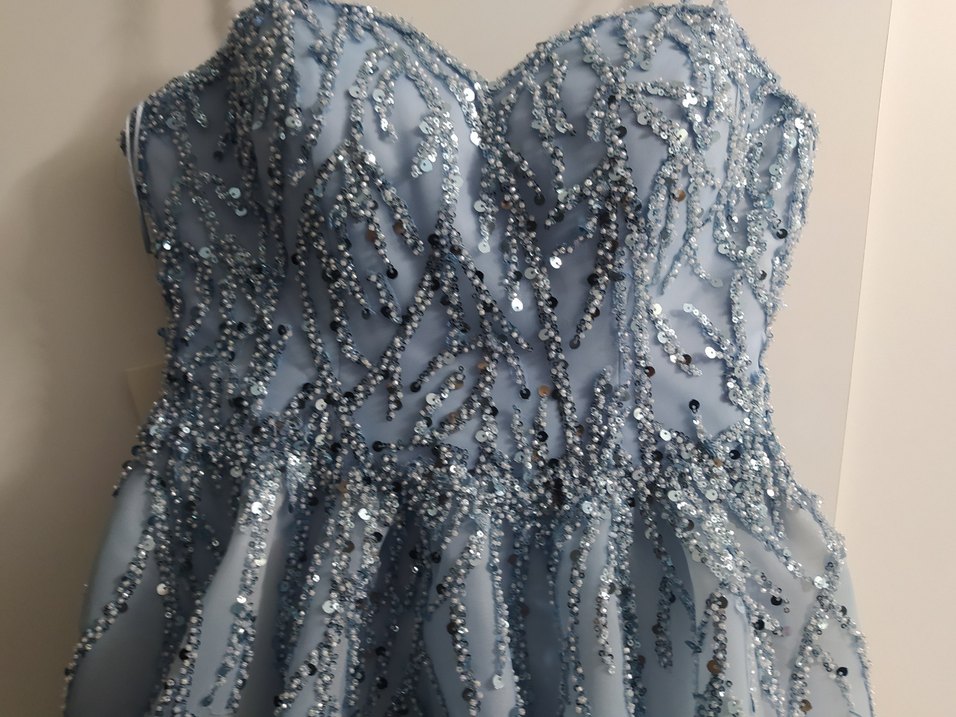 mavi Simli Nakışlı Uzun dekolteli Abiye Elbise - Görsel 2