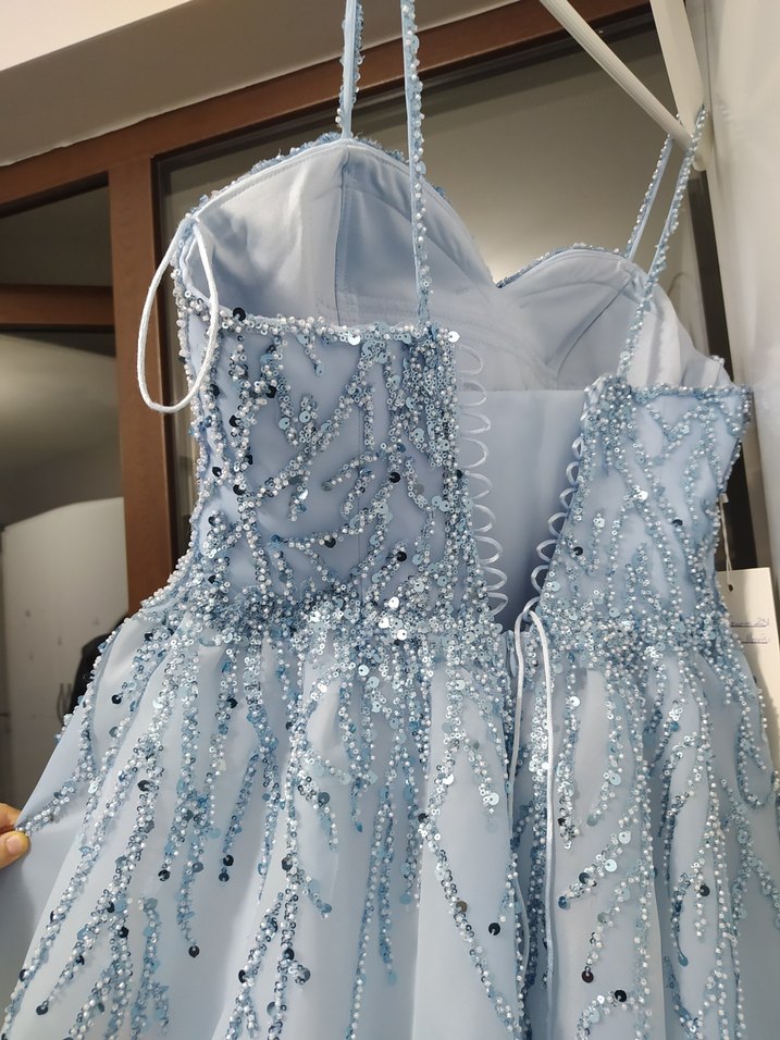 mavi Simli Nakışlı Uzun dekolteli Abiye Elbise - Görsel 3