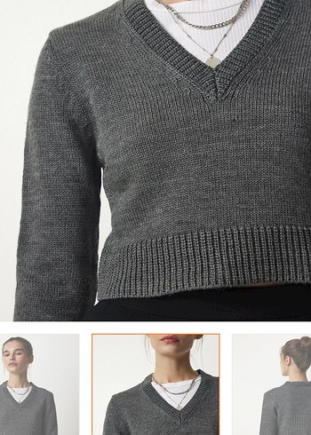 Gri V Yaka Yün Kadın Kazak - Görsel 2