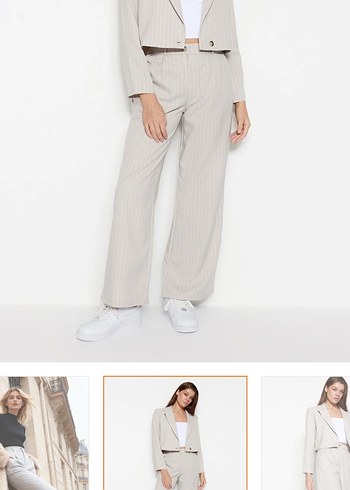 Taş Wide leg geniş paça dokuma çizgili pantolon - Görsel 4