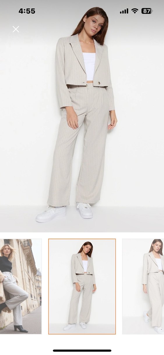 Taş Wide leg geniş paça dokuma çizgili pantolon - Görsel 4