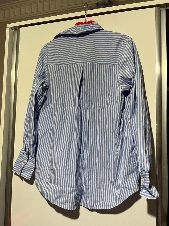 Mavi Çizgili Pamuklu Kadın Gömlek - Görsel 3