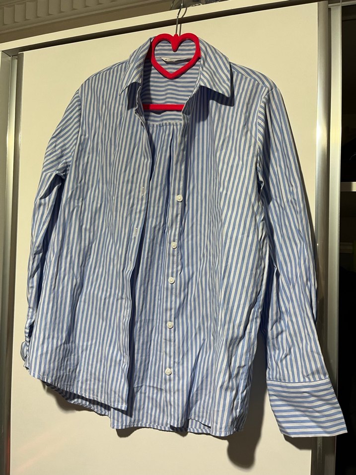 Mavi Çizgili Pamuklu Kadın Gömlek - Görsel 2