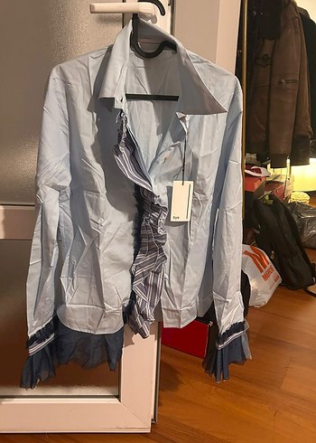 Gri Kadın Uzun Kollu Fırfırlı Keten Gömlek - Görsel 3