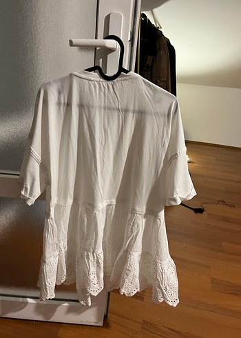 Beyaz Kadın Keten Salaş Midi Bluz - Görsel 2