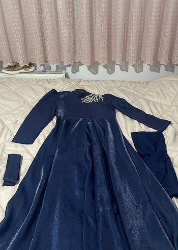 Uzun Kollu Parlak Lacivert Drapeli Abiye Elbise - Görsel 2