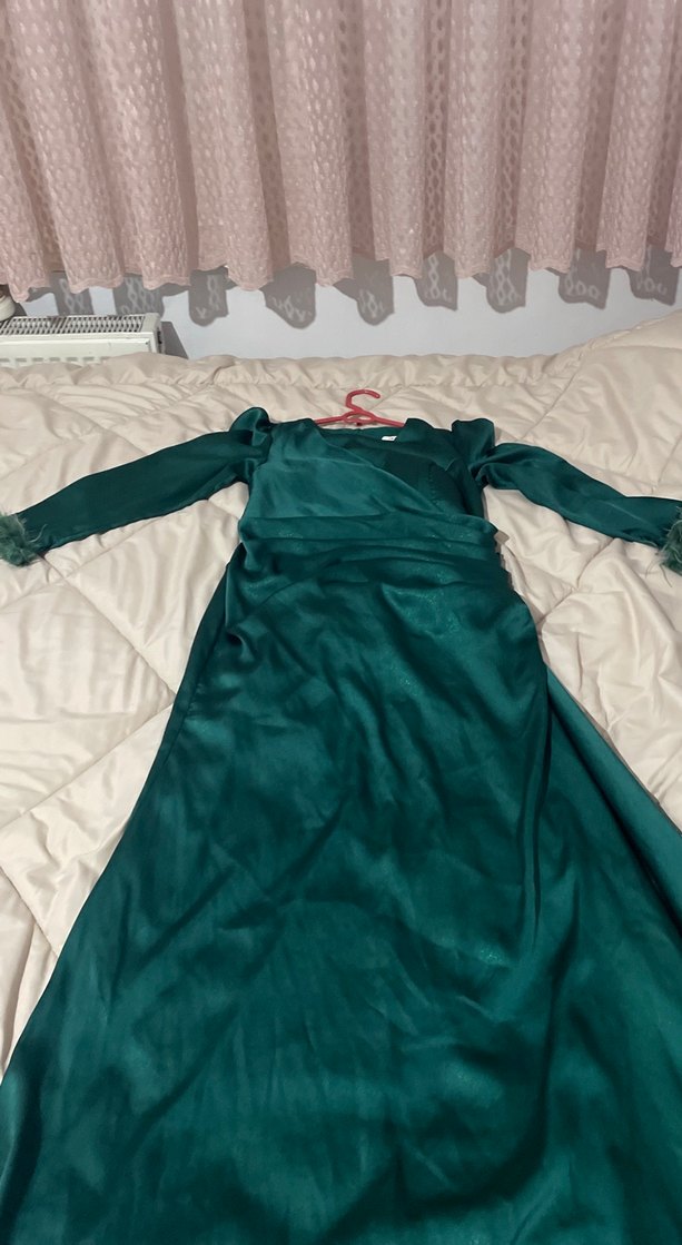 Uzun Kol Drapeli Yeşil Kadın Abiye Elbise - Görsel 2