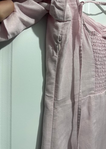 Pembe Keten Midi Elbise, Kayık Yaka, Kısa Kol - Görsel 5