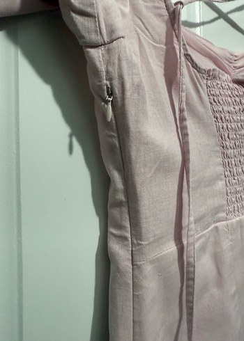 Pembe Keten Midi Elbise, Kayık Yaka, Kısa Kol - Görsel 4