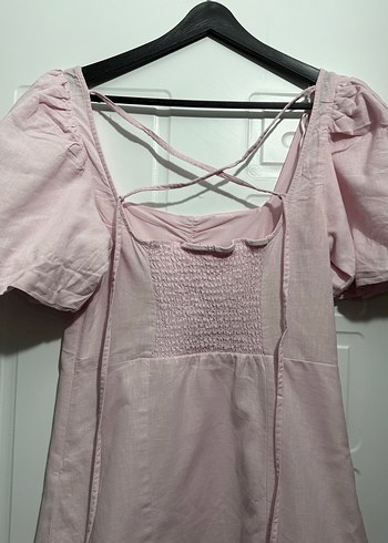 Pembe Keten Midi Elbise, Kayık Yaka, Kısa Kol - Görsel 2