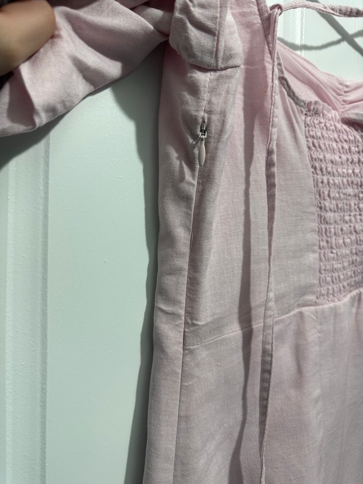 Pembe Keten Midi Elbise, Kayık Yaka, Kısa Kol - Görsel 5