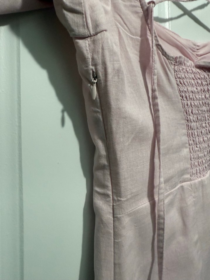 Pembe Keten Midi Elbise, Kayık Yaka, Kısa Kol - Görsel 4