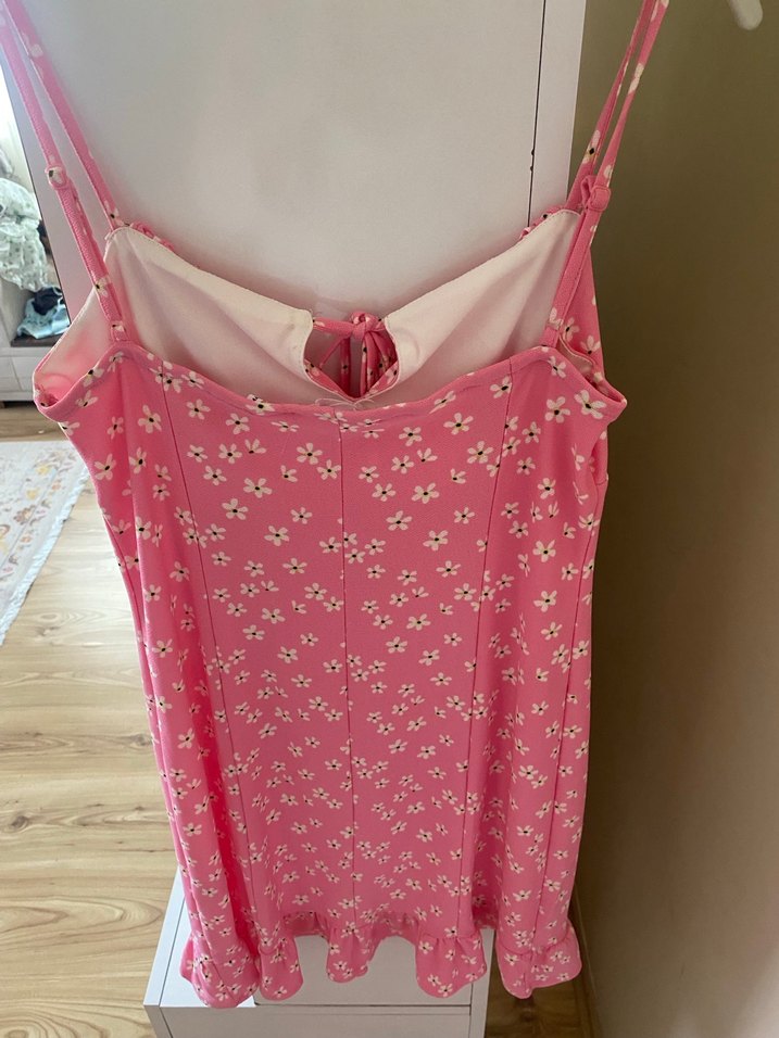 Pembe V Yaka Askılı Midi Elbise - Görsel 3