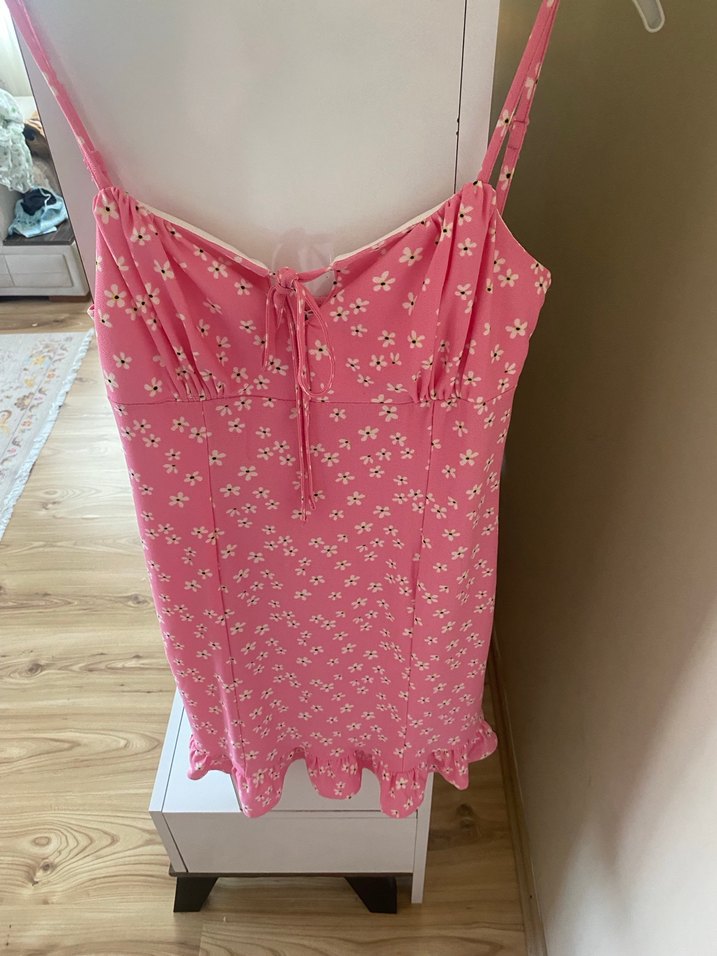 Pembe V Yaka Askılı Midi Elbise - Görsel 2