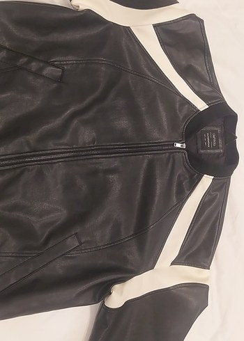Siyah Beyaz Deri Biker Ceket - Görsel 2