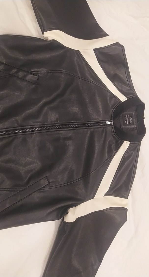 Siyah Beyaz Deri Biker Ceket - Görsel 2