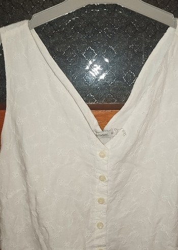 Düğmeli Beyaz Keten Midi Elbise - Görsel 2