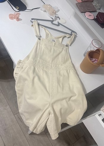 Bej Pamuklu Midi Kadın Şort Tulum - Görsel 4