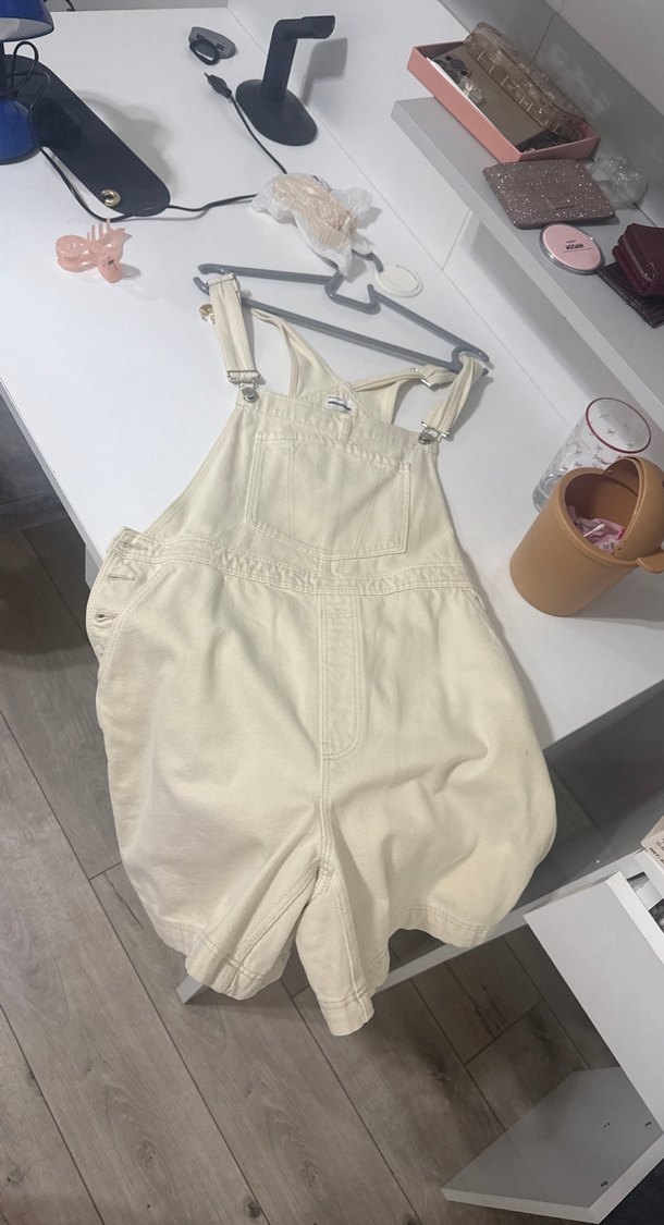 Bej Pamuklu Midi Kadın Şort Tulum - Görsel 4