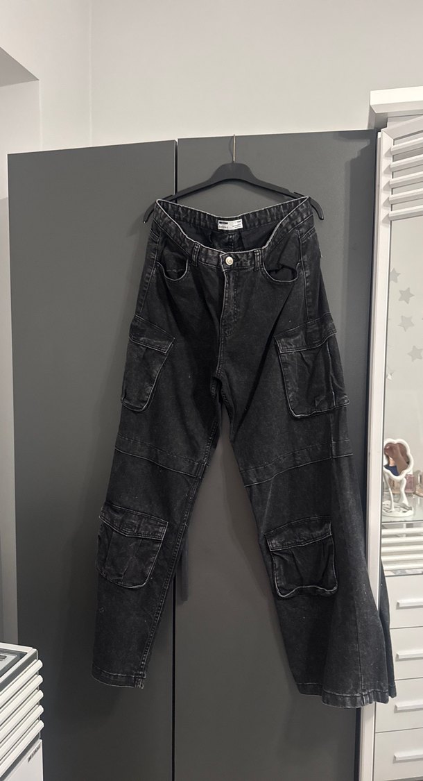 Kadın Siyah Bol Kesim Kargo Kot Pantolon - Görsel 2