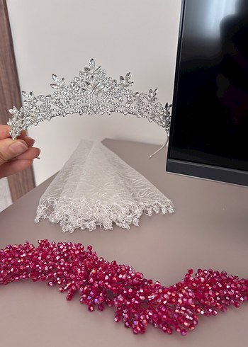 Payetli Modern Klasik Beyaz Gelin Tacı Kına Tacı ve Halay mendil - Görsel 6
