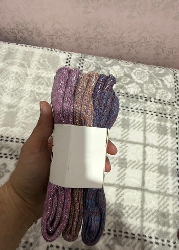 Mor Desenli Kadın Yün Çorap 3lü - Görsel 4