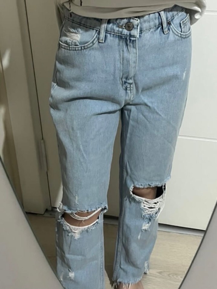 Gri Yırtık Detaylı Kadın Denim Pantolon - Görsel 2