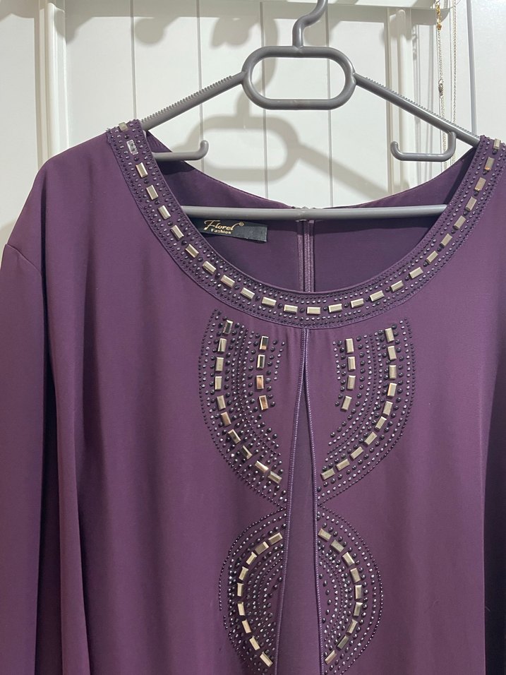 Mor İşlemeli Uzun Salaş Kadın Elbise - Görsel 2