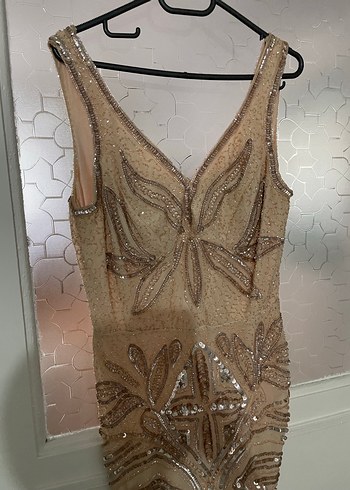 İşlemeli Boncuklu Bej Uzun Abiye Elbise - Görsel 2