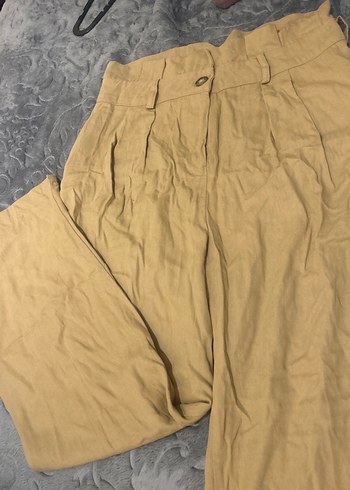 Bej Düğmeli Keten Kadın Pantolon - Görsel 2