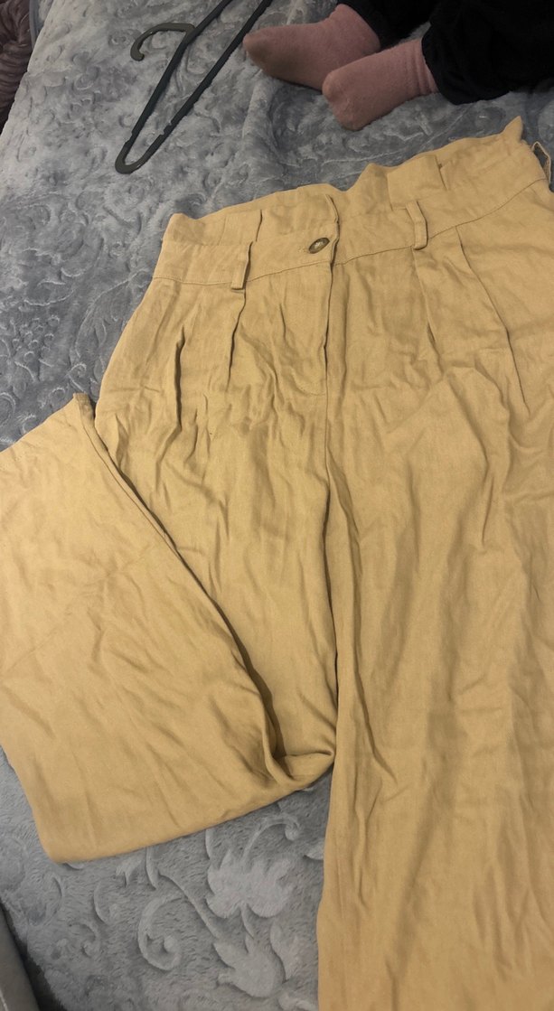 Bej Düğmeli Keten Kadın Pantolon - Görsel 2